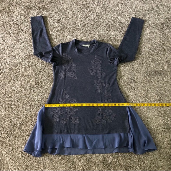 LOGO Lounge Top XS Jersey Knit Chiffon Flared Hem Embroidered Boho Pullover - Picture 6 of 12